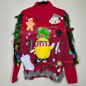 Ugly Christmas Sweater Singing Tropical Pineapple LIGHTS UP Tinsel Party Winner